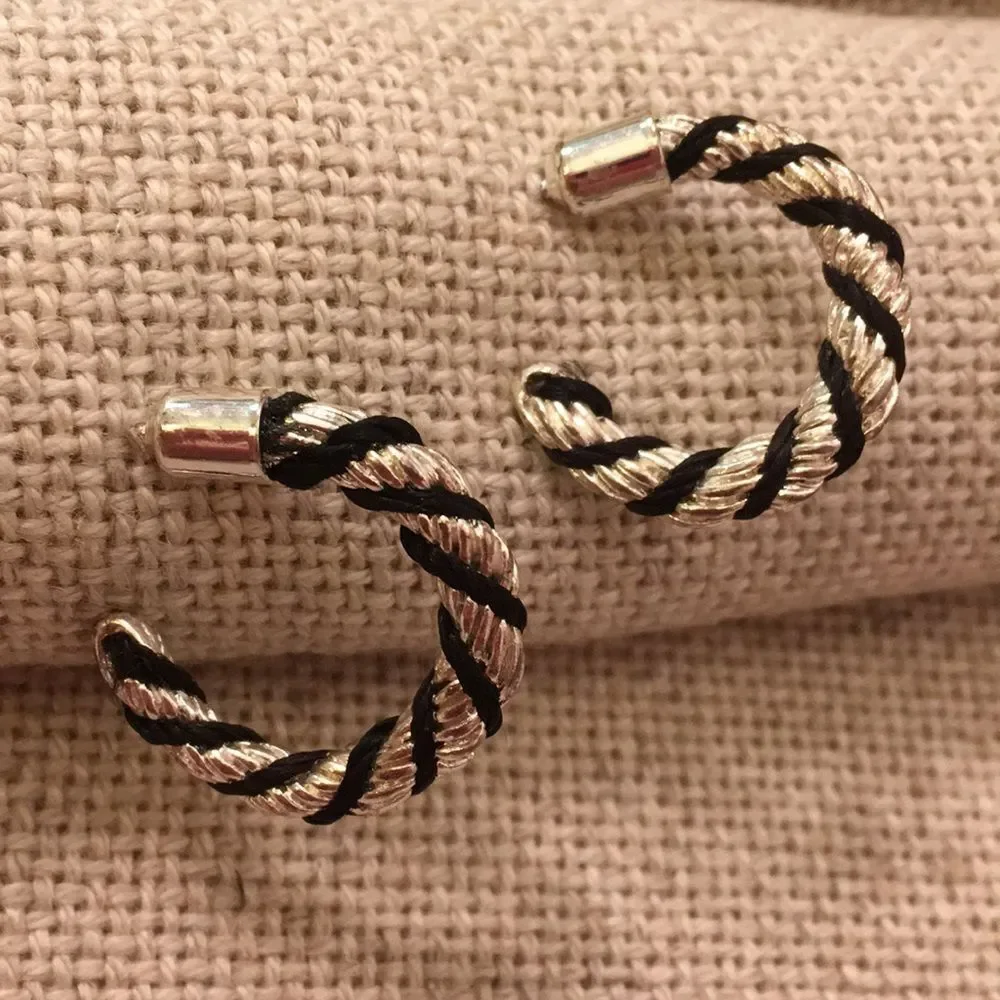 Silvertone Twisted Earrings with Black Cord